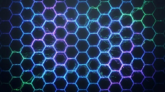 Futuristic hexagon grid background, glowing neon honeycomb pattern, abstract blue and purple geometric tech wallpaper for gaming