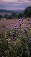 Obraz premium Field of purple lavender flowers at dusk, with rolling hills in the background, symbolizing peace, nature, and tranquility, ideal for serenity or natural beauty themes