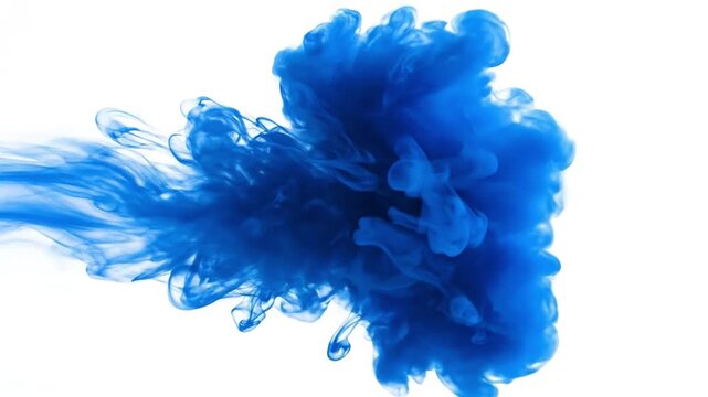 Vibrant blue paint dispersing in water creating fluid smoke patterns on white background
