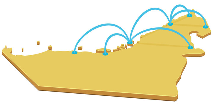 3D isometric map of United Arab Emirates with glowing connection arcs representing domestic network, logistics routing, communication infrastructure, and transport (cut out)