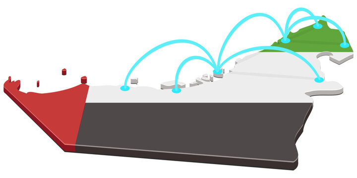 3D isometric map of United Arab Emirates with flag texture and glowing connection arcs representing domestic network, logistics routing, communication, and transport (cut out)
