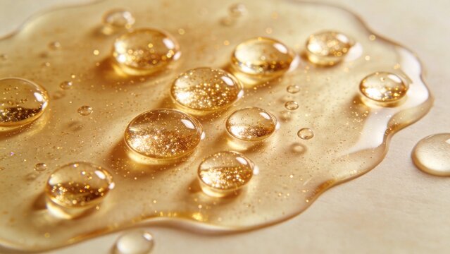 Golden Liquid Droplets: Close-up shot of golden liquid droplets, some spherical, some amoeboid, suspended on a surface, reflecting light and exhibiting a captivating texture.
