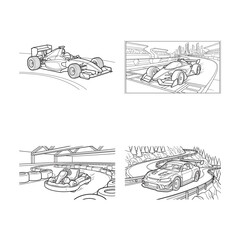 Obraz premium Set of formula, sport, and kart racing vehicles on various tracks and roads in black and white sketch style.