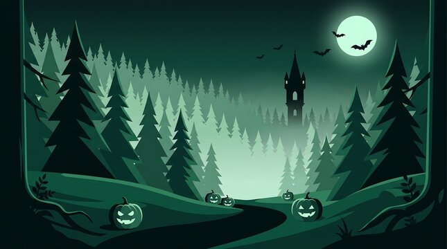 Spooky halloween forest path leading to haunted castle with glowing moon and creepy pumpkins halloween mysterious