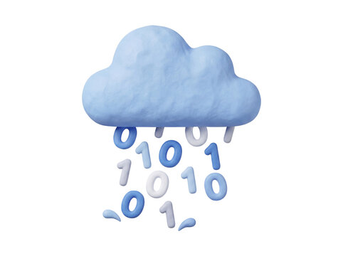 3D clay cloud raining binary code, claymorphism style illustration isolated