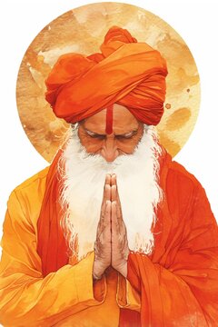 Old man guru bowing in prayer for Guru Purnima. Watercolor illustration of bearded man meditating in spiritual traditional attire. Respectful greeting concept for yoga and culture.