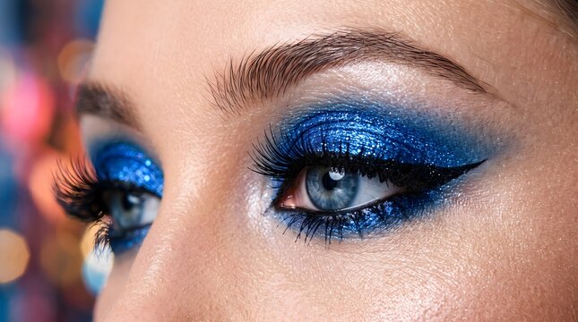 Glamorous Blue Eye Makeup with Sparkling Eyeshadow for Fashion and Beauty Editorials