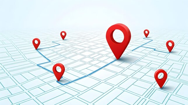 Isometric map illustration with GPS location markers and connected paths, representing travel route optimization, delivery service, and geographic tracking technology