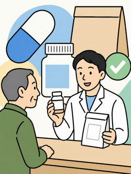 Pharmacist explaining prescription medicine to senior man