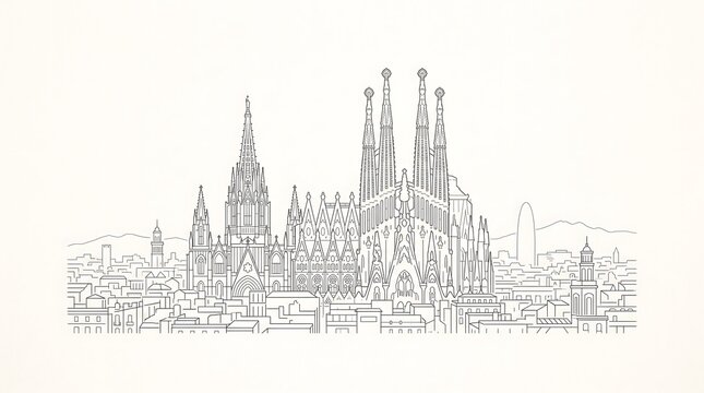 Intricate Line Drawing of Iconic Barcelona Skyline Featuring Historic Architecture for Travel Brochure Design