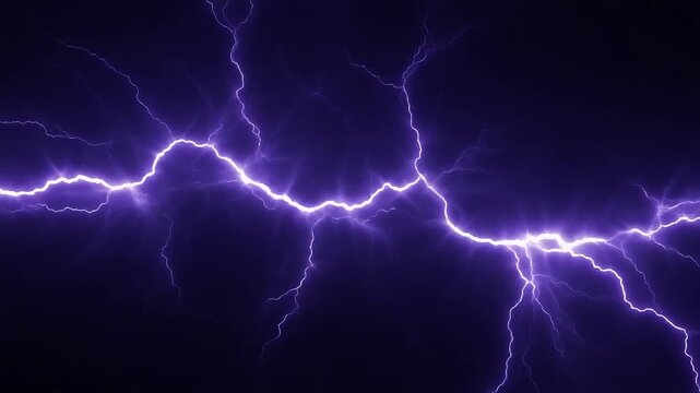 Bright purple lightning bolts and electrical discharges flash across a dark background.