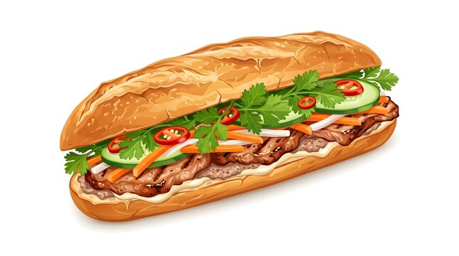 Delicious Vietnamese Banh Mi Sandwich with Fresh Vegetables and Herbs for Culinary Promotions