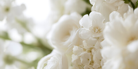 Fototapeta premium A close-up look at a white floral display showcased with a gentle haze, emphasizing the subtle elegance of the blossoms in soft focus.