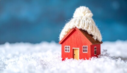 Naklejka premium Miniature Red Toy House Wearing White Knitted Beanie On Snow