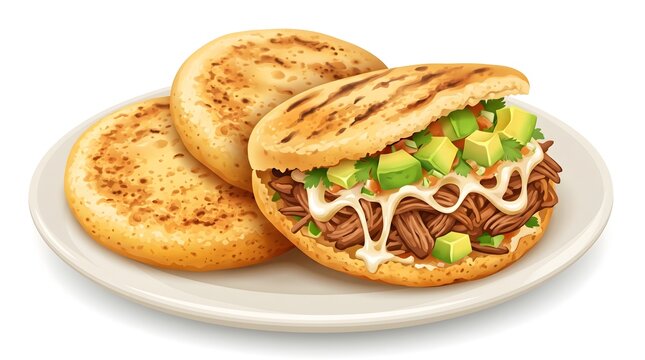 Venezuelan Arepas with Pulled Beef and Avocado on White Plate for Traditional Latin Cuisine Photography