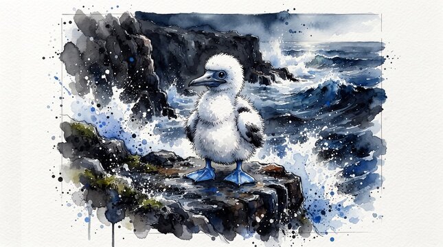 A lone albatross stands poised on jagged volcanic rocks amid crashing ocean waves in a dramatic watercolor-style illustration.