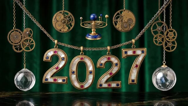 Steampunk epoch dawn: Happy New Year 2027, celestial orrery, vintage gear, golden chain, crystal pendulum, velvet curtain.