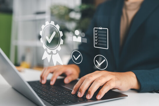 Businessman showing quality Providing the best service, confident, confident, accurate and excellent service, ISO certified, standards accreditation guidelines.