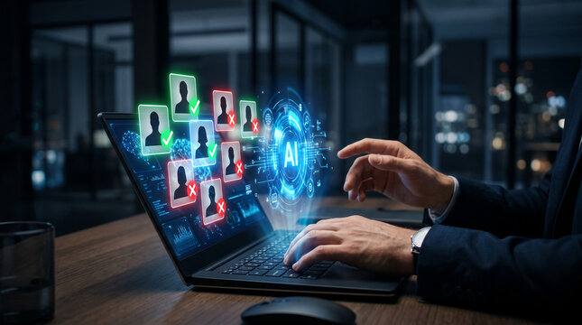 Digital display of AI selecting people from a network, symbolizing human resources and decision-making process