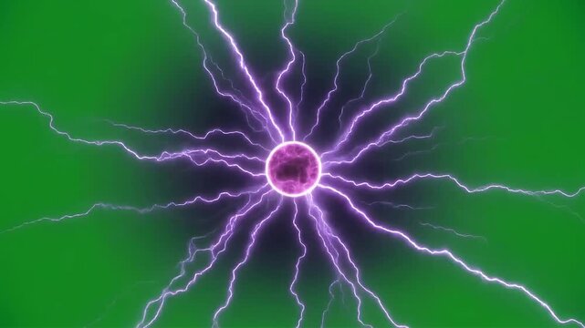 A glowing purple plasma ball emits jagged electric lightning bolts against a dark.