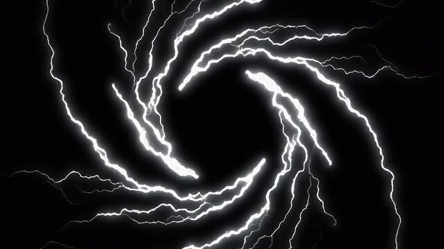 Bright white lightning bolts spiral in a vortex pattern against a solid black background.