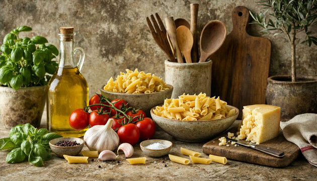 Rustic kitchen scene with bowls of raw penne pasta, olive oil, garlic, fresh basil, parmesan cheese, and wooden utensils on stone surface