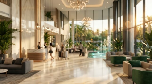 spacious luxury hotel lobby with high ceilings, elegant lounge seating, palm trees through floor-to-ceiling glass, polished marble floors with warm sunset reflections.