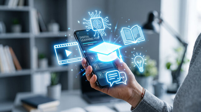 Smartphone displaying digital learning icons: graduation cap, book, chip, play button, and chat bubbles, symbolizing online education access.