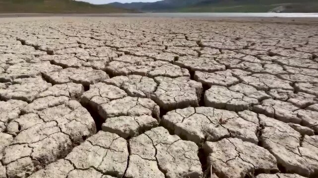 Close-up of a dry, cracked and eroded land, a consequence of climate change and the climate crisis.