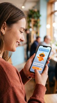 Woman using a smartphone to interact with an AI chatbot to find a cafe, symbolizing modern convenience and digital assistance.