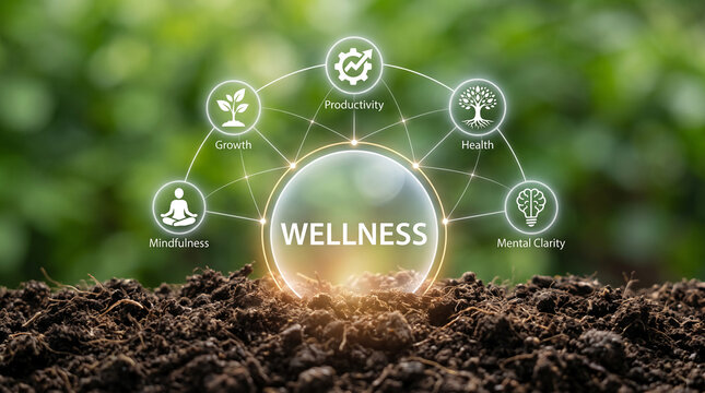 Diagram of wellness concepts including mindfulness, growth, productivity, health, and mental clarity, rooted in soil with a green bokeh background
