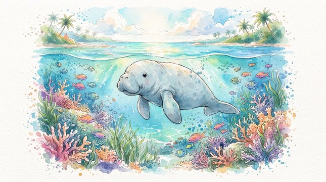 A manatee floats peacefully amidst a tropical underwater landscape featuring coral reefs, sea plants, and a radiant sunbeam piercing the surface in a lively watercolor composition.