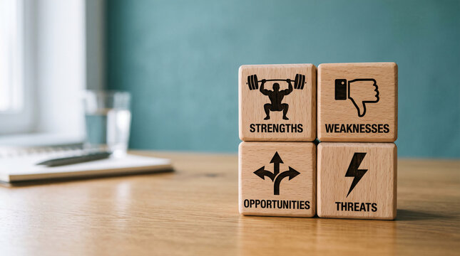Wooden blocks depicting strengths, weaknesses, opportunities, and threats, symbolizing strategic analysis and business planning, perfect for corporate or educational contexts