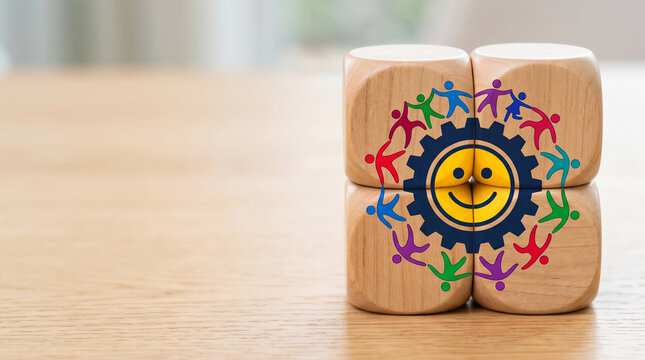 Wooden blocks depict colorful people around a gear and smiley face, symbolizing teamwork, collaboration, and positive synergy