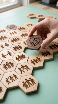 Wooden hexagon tiles with engraved figures of people, representing community and connection, with a hand placing a handshake tile, symbolizing partnership and unity