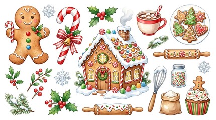 Fototapeta premium Christmas gingerbread house and baking elements isolated on white background