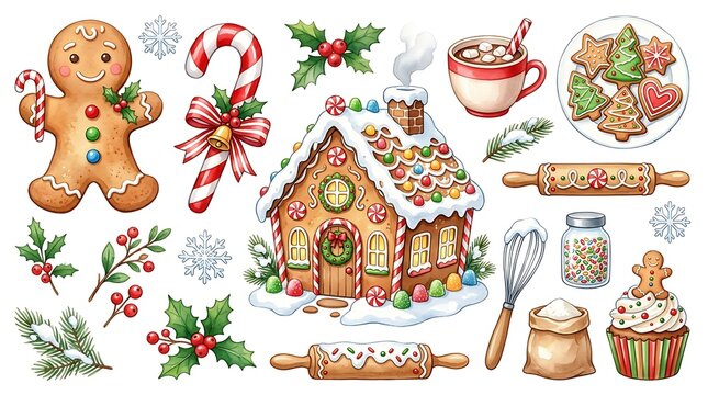 Christmas gingerbread house and baking elements isolated on white background