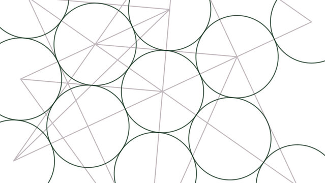 Abstract geometric pattern featuring interconnected circular shapes and intersecting straight lines on a dark black space