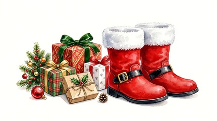 Fototapeta premium Christmas composition with santa claus boots and wrapped gift boxes isolated on white background