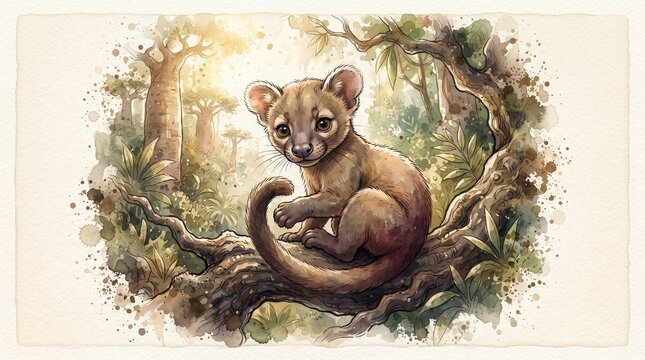A watercolor fennec fox sits alertly in a dreamy desert landscape with soft pastel hues and subtle palm silhouettes.