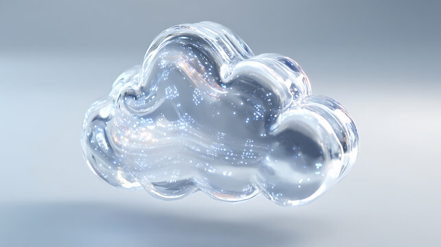 Abstract glass cloud representing artificial intelligence, cloud computing, cybersecurity and digital technology, featuring a futuristic transparent design and glowing data patterns