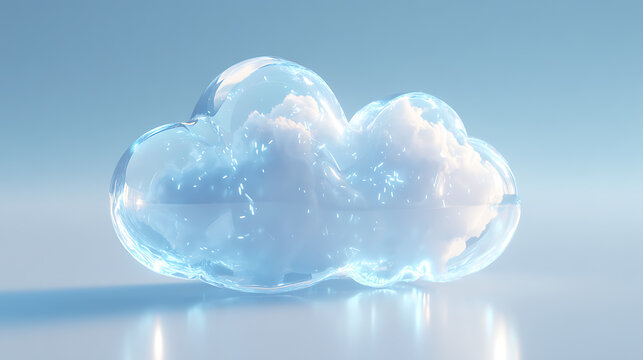 Cloud computing concept with a transparent glass cloud floating in a blue digital environment, symbolizing artificial intelligence, data storage, technology and secure online services