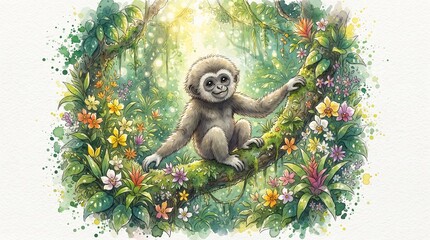 Obraz premium A playful sloth hangs effortlessly from a branch adorned with vibrant flowers and lush green leaves in a whimsical digital artwork.