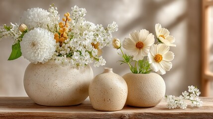 Obraz premium Three vases with flowers in them on a table plant background