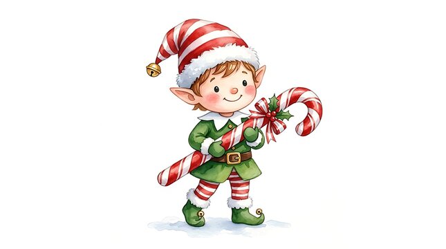Cute christmas elf holding a candy cane isolated on white background