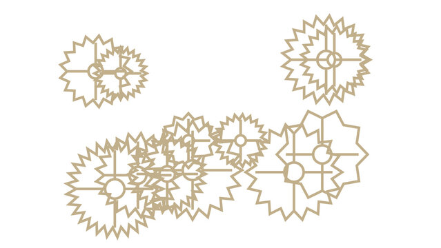 Abstract illustration of multiple gold cogwheel gears linked together in a complex mechanical system design
