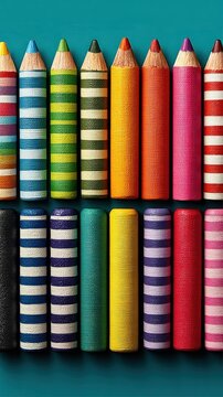 Row of colored pencils on a blue surface