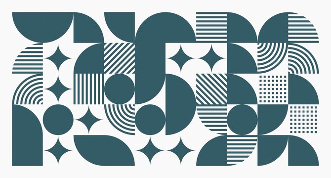 A modern geometric design of teal shapes on white background, featuring circles, semicircles, stripes, and star motifs arranged in rhythmic harmony.