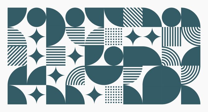 A modern geometric design of teal shapes on white background, featuring circles, semicircles, stripes, and star motifs arranged in rhythmic harmony.