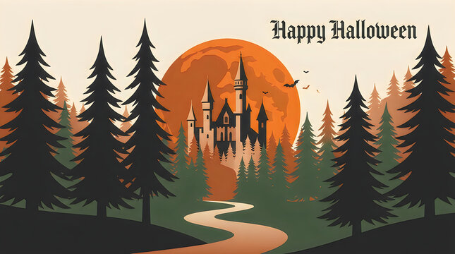 Happy halloween illustration of haunted castle in a magical forest with a full moon
